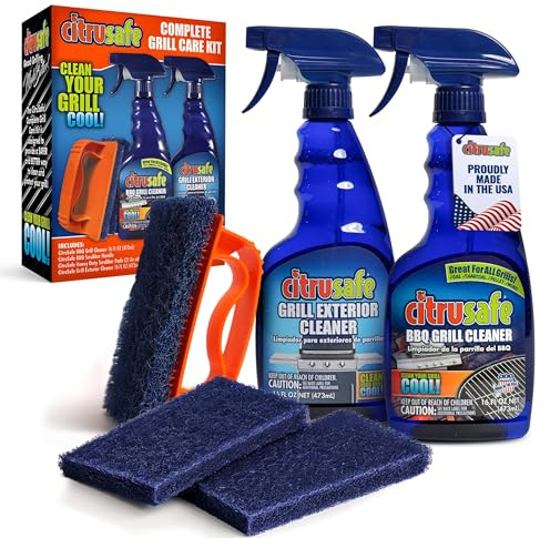 Citrusafe Grill Care Kit - BBQ Grid and Grill Grate Cleanser, Exterior Cleaner, and Scrubber by Citrusafe (16 oz Each)