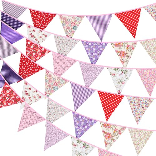 G2PLUS 10M Süße Beidseitig Wimpel Girlande Stoff: Rot und Lila | Bunting Wimpelkette, Stoffgirlande mit 36 STK Farbenfroh Wimpeln für Hochzeits Geburtstag Party,Kinderzimmer-Deko