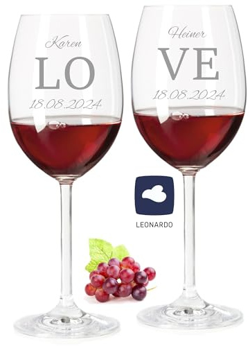 laser-diele Leonardo Weingläser mit Gravur - LOVE - Personalisiert mit Namen und Datum - Hochzeitsgeschenk für das Brautpaar - 460ml Rotwein
