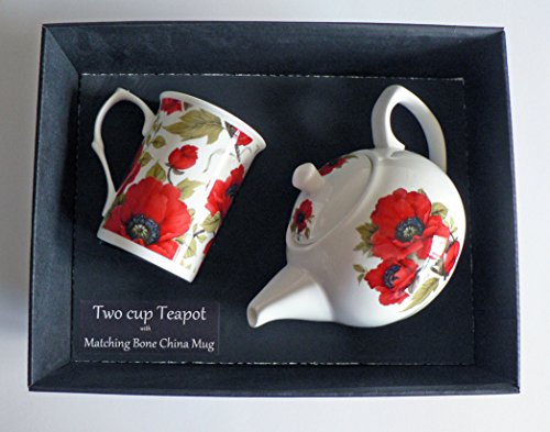 Poppy Teapot and Bone China Mug in Gift Tray Porcelain Teapot, with Bone China Mug Decorated with Poppies Design in Gift Boxed Package