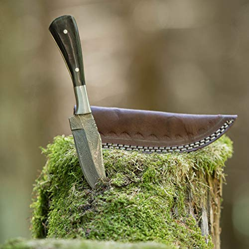 elToro Steel Horn - Damast - Jagdmesser - 10cm - inkl. Lederscheide; Messer für Camping, Outdoor, Survival, Wald und Forst