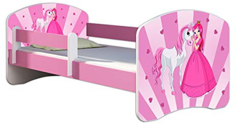 ACMA Kinderbett 70 x 140 cm mit Matratze & Lattenrost – Jugendbett mit Rausfallschutz, personalisiertes Motiv 08 Princess - Rosa, Mädchenbett ab 3 Jahren, belastbar bis 120 kg