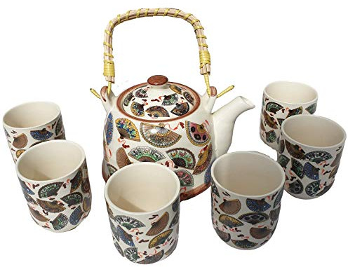 Kräuter-Teekannen-Set, chinesische Fächer, Metallsieb, 6 passende Tassen