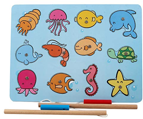 B&Julian® Angelspiel Holz für Kinder Magnet mit 12 Magnetische Tier Holzspielzeug Fische Angeln Kinder-Spielzeug Motorikspielzeug Lernspielzeug ab 1,5 Jahre (Bubble)