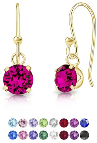 DTPSilver - Damen Haken Ohrringe 925 Sterling Silber Gelb Vergoldet mit Kristallen von Swarovski® Elements 6 mm Runde - Farbe : Fuchsie