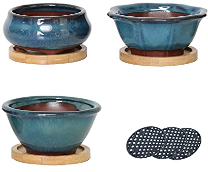 Jinfa 3er Set Bonsai Schalen Keramik (Ø 8–11 cm) – Türkis-Glasur – Mit Drainageloch, Gitter & Bambus-Untersetzer – Frostfest & handgefertigt – Für Bonsai, Sukkulenten & Zimmerpflanzen