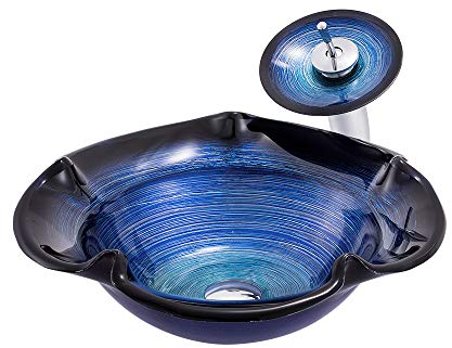 MNSSRN Modernes Bad Waschbecken, Arbeitsplatte Temperiertes Glas Waschbecken Becken mit Wasserhahn Home Hotel Küchenzubehör,Blau