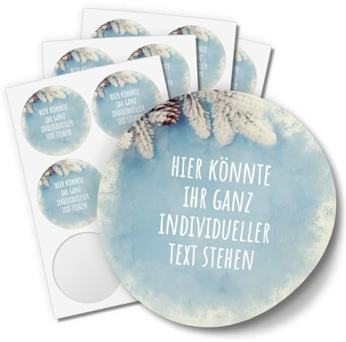 24 Weihnachtsaufkleber PERSONALISIERT mit Ihrem Text für Geschenke und Produkte zu Weihnachten - Aufkleber Etiketten Geschenkaufkleber rund, Motiv Schnee Tannen