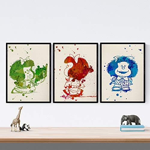 Nacnic Set de 3 láminas con marco para enmarcar Mafalda estilo acuarela. Posters con imágenes de mafaldas en tres colores, tamaño 30x40 cm Con marco