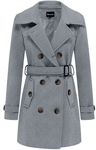 Wantdo Cappotto Doppiopetto Misto Lana Parka Classica Media Lunghezza Giubbotto Antivento Invernale Caldo Giacca Slim Fit con Cintura Vintage Donna Grigio-N 44