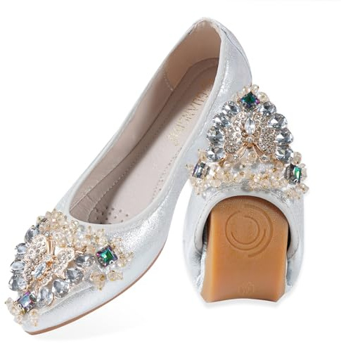 MACHSWON Ballerines plates pour femme - Motif papillon et strass - Pliables - Confortables - À enfiler, Argenté., 40 EU