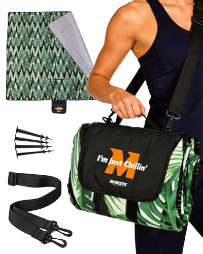 Majestic Sport Picknickdecke 200x200 cm Wasserdicht & Sandfrei — Isolierte XXL Stranddecke für 4-6 Personen mit Tragegriff, Schultergurt, Reißverschlusstasche & 4 Erdankern, Campingdecke. Monstera
