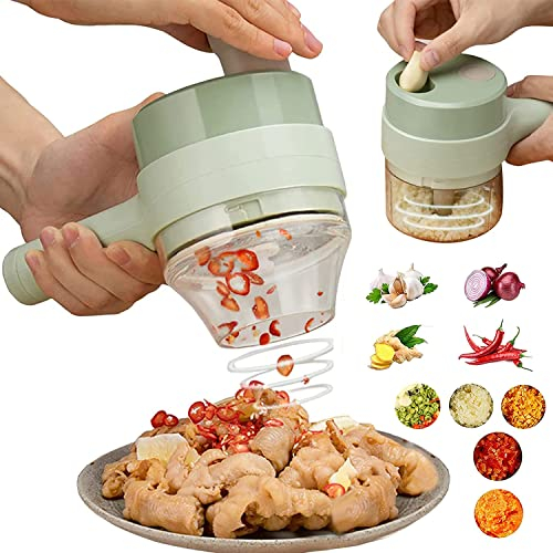 Ailgely Juego de Cortador de Verduras eléctrico portátil 4 en 1, Procesador de Alimentos inalámbrico para ajo, Pimiento, Chile, Cebolla, apio, Jengibre, Carne con Cepillo