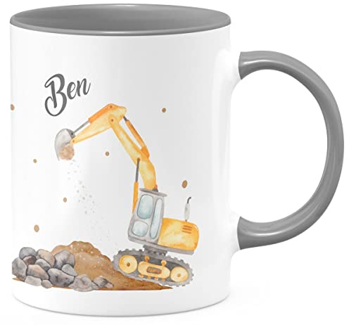 miKalino Keramik Tasse Bagger auf der Baustelle personalisiert mit Wunschname | Kaffee Becher Kaffeetasse Geschenk, Farbe:grau, Grösse:330ml