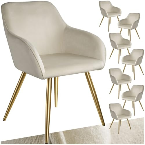 tectake® Esszimmerstühle mit Armlehne, Stuhl, Samt Polster Stühle, Möbel für Esstisch, Schminktisch, Wohnzimmer, Esszimmer, Arbeitszimmer, ergonomischer Dining Chair - créme/Gold, 8er Set