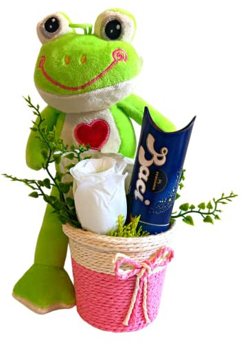 Baci Perugina - Cubremaceta de Colores de 8 cm de diámetro + Tubo Baci Perugina de 37,5 g + Rosas Artificiales + Peluche Rana Colgante- Regalo Navidad 2024