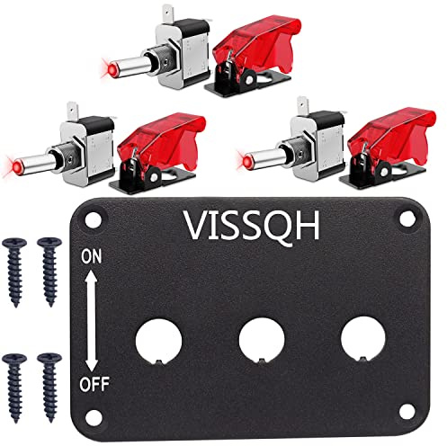 VISSQH 12V/20A Auto Kippschalter, Kippschalter Rot LED Licht Schalter,SPST 3-pin EIN/AUS Wippschalter,mit Wasserfester Kappe mit Installationsplatte für RV, Auto, Yacht, Marine