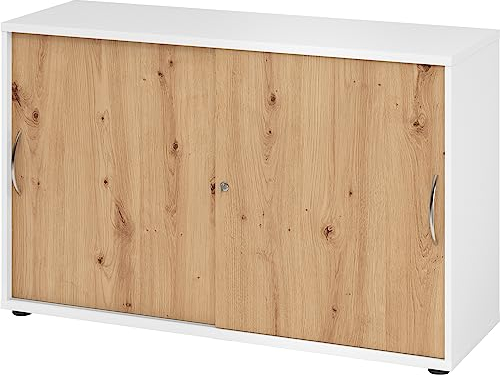 bümö Schiebetürenschrank 2OH - Aktenschrank abschließbar, Sideboard Schrank mit Schiebetüren in Weiß/Asteiche, Bogengriff - Büroschrank aus Holz mit Schiebetür, Büro Kommode für Ordner & Co.