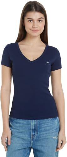 Tommy jeans dam TJW Slim Essential Rib V SS, mörk natt marinblå, L, Mörk natt marinblå, L