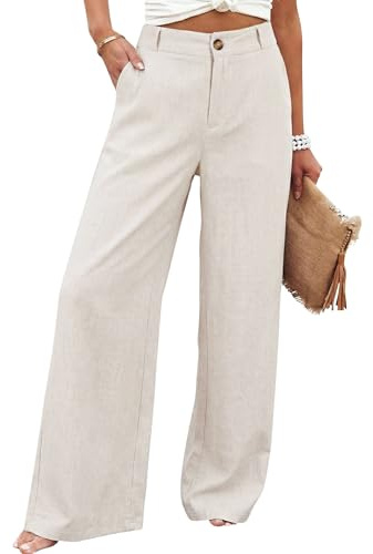 Hooever Womens Cotton Linen Pants Casual Button Up High Waisted Wide Leg Trousers(Apricot-L)