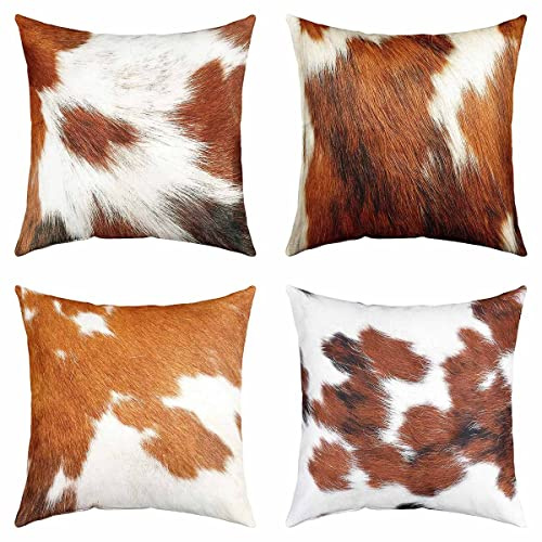 4er Set Kissenbezüge Kuhfell Kissenbezüge 40x40cm Western Bauernhof Tier Haut Dekokissen für Home Wohnzimmer Sofakissen Couchkissen Dekor Kissenbezug Umkehrbar Rindsleder Dekorative Kissenhülle