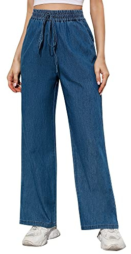 Love Welove Fashion Jean large pour femme, taille haute élastique à enfiler avec cordon de serrage, pantalon baggy en denim, grande taille 3XL, Taille M