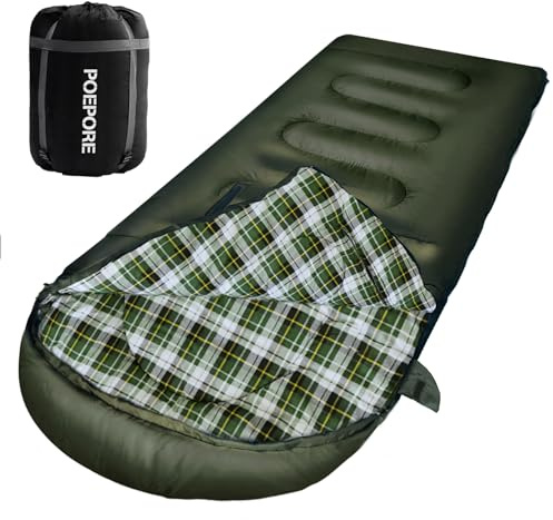 POEPORE Flanell Schlafsack Baumwolle 0 Grad Kaltes Wetter für Erwachsene XXL Tragbarer Schlafsack 4 Jahreszeiten Wasserdicht mit Kompressionssack