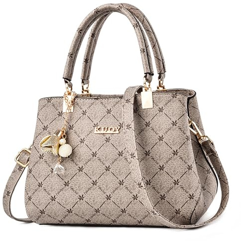 SODOLLEE Handtasche Damen Elegant Henkeltasche mit Exquisiter Anhänger PU Leder Frauen Umhängetasche Ahornblatt Schultertasche für Reisen Shopper Arbeiten Grau Griff