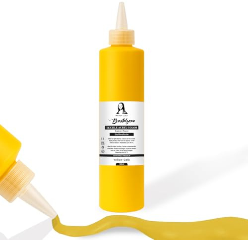 Stofffarbe 500ml. Waschfeste Textilfarbe. T-Shirt Farbe für helle Stoffe. Waschmaschinenfest, Waschbeständig. Textilmalfarbe, Stoffmalfarbe Fixierung durch Bügeln (Gelb)
