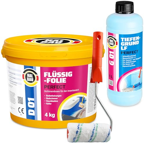 Dichtset Flüssigfolie Profi 4kg, Flüssiggummi für Innen | Wassersperre unter Fliesen, Bad, Dusche, Abdichtung, Tiefengrund 1L, Farbroller H407