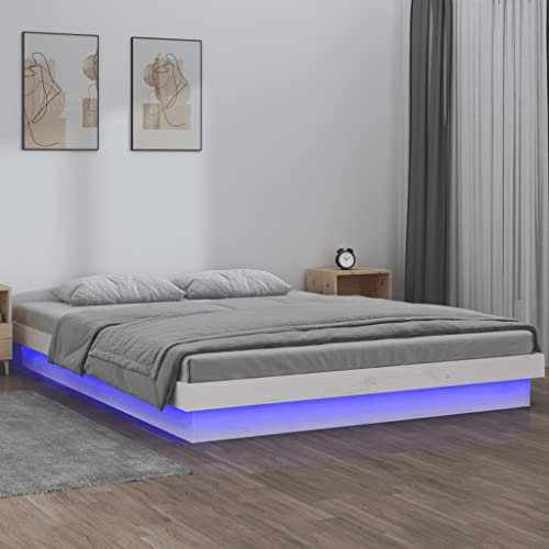 ULUYYUC Massivholzbett, Bodenbett Palettenbett Bettgestell Gästebett Geeignet für Arbeitszimmer Wohnbereich Schlafzimmer Zimmer Mieten mit LEDs Weiß 160x200 cm
