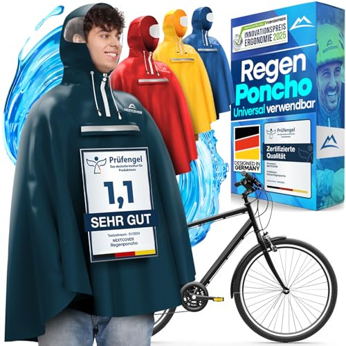 NEXTCOVER Ny regnponcho cykel för kvinnor och män – med [AquaShield 2.0] teknik I regnponcho vandring, cykel regncape, ängel poncho, regnponcho män, regncape dam vattentät cykel, Mörkblå, L
