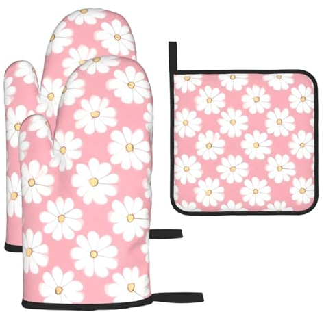 Weiße Chrysanthemen-Textur, Ofenhandschuhe und Pfannen-Gestelle, 3-teiliges Set, und Ofenhandschuhe, hitzebeständig für Küche, Kochen, Backen und mehr.