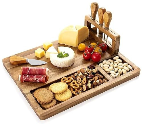 GPSDMZ Bamboo Cheese Plate Drawer Cheese Board Bamboo Cutting Board Home Cheese Plate with Knife and Fork Accessories