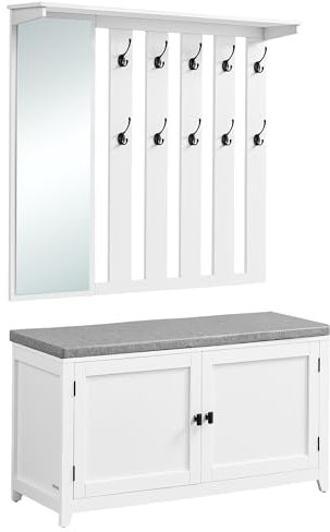 VASAGLE Schuhbank Wandgarderobe Set, Garderobe mit Spiegel, 10 Doppelhaken, Schuhschrank mit verstellbaren Ablagen, Doppeltüren, Sitzbank, Sitzpolster abnehmbar, 101 cm breit, wolkenweiß LSC011W01