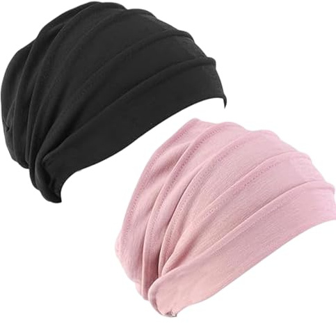 Asheyya 2 PCS Chemo Headwear for Women UK, Cotton Chemo Hats, Lightweight Soft Sleep Cap (Pink+Black)