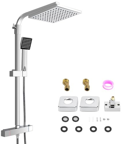 Colonne de Douche Hybride Thermostatique pour Salle de Bain Système, Mitigeur Baignoire avec Pommeau de Douche 20x20CM, Colonne de Douche avec Mitigeur en Acier Inox pour Salle (Couleur argent)