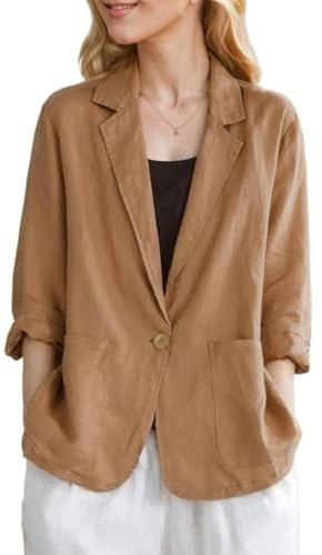 YOUNIFIZ Blazer d'été décontracté en lin à manches 3/4 avec revers cranté et poches pour femme, B_café, L
