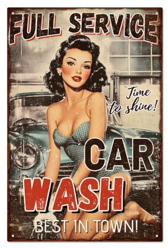 WADORN Cartello In Metallo Vintage Pinup Lady per Garage, Cartello Retrò In Latta con Scritta Wash Car Woman, Appeso, Decorazione Divertente per Garage, Decorazione per La Casa, 30x20cm