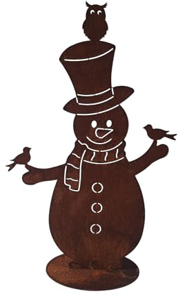 Gartenfigur Schneemann aus Edelrost, 3D Winterdeko mit Vögeln und Eule, Rostoptik Gartendekoration 51CM XXL