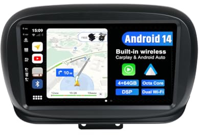 BXLIYER Android 14 IPS Car Stereo For Fiat 500X (2014-2020) - Wireless CarPlay + Android Auto - 4G+64G - Camera + MIC - 9 Inch 2 Din - DSP Steering Wheel WiFi 4G DAB Fast-boot 360-CAM Bluetooth 5.0