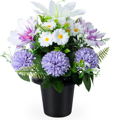 SIFOEL Fiori artificiali per cimitero in vaso, crisantmi artificiali con vaso, fiori commemorativi per tombe funerarie, decorazione per cimitero, funerale, esterno (1 pezzo, bianco e viola)