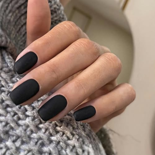 SXVME Matte Black False Nails Short Medium Square, Gel Press on Nails Coffin Medium Fake Nails Set Solid Color Acrylic Nail Natural Fit Reusable Stick on Nail for Women Daily Wear, in 24 Pcs