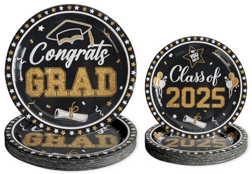 PARTY GO Set di stoviglie per feste, 50 pezzi, colore nero, 25 piatti piani da 23 cm e 25 piatti da dessert da 18 cm, design graduato per 2025 feste di laurea per 25 ospiti