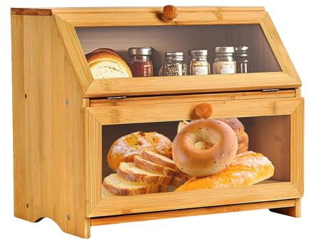 Gute Double Layer Bamboo Bread Box with Transparent Window - Large Capacity 2-Tier Kitchen Storage Organizer for Bread, Muffins, Bagels Countertop Bread Bin (15.35x9.84x12.6)