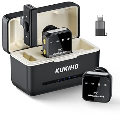 KUKIHO Kabelloses Lavalier Mikrofon mit Ladekoffer, 80h Akkulaufzeit, Rauschunterdrückung, 50m Reichweite, Plug-Play Ansteckmikrofon für iPhone/iPad/Android/PC, YouTube, Vlog, Live-Streaming