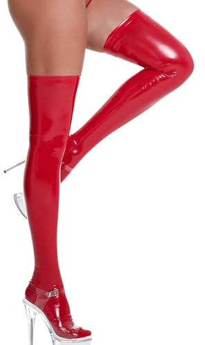 Donna Overknees Calze Vernice Autoreggenti Wetlook Calzini Sexy Lucidi Calza Coscia Collant Cosplay Lingerie Stockings per Halloween Discoteca Festa Clubwear (IT, Testo, XL, Regular, Regular, Rosso)