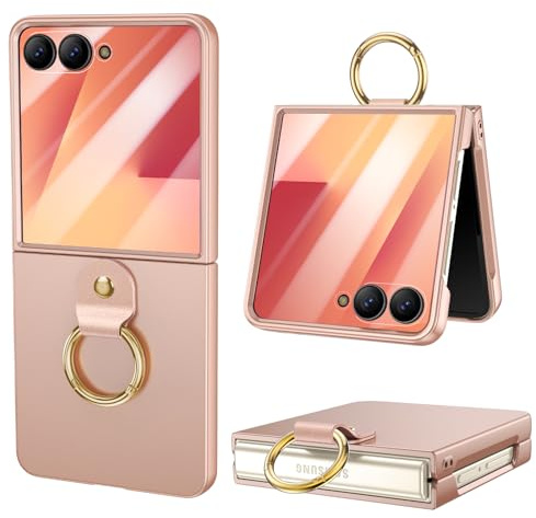 HWeggo Funda para Samsung Galaxy Z Flip 7, Funda ultradelgada para con Protector de Pantalla Exterior y Anillo, Funda Liviana a Prueba de Golpes y arañazos - Oro Rosa