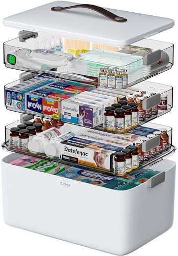 CTIME 4-Tier XL Medicine Organizer - Portable Medicine Cabinet with Leather Handle, Empty First Aid Kit for Home Organization Must, School, Dormitory, Travel, RV, Dorm, Ideal Elderly Gift