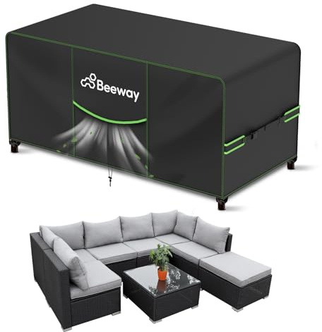 BEEWAY Garden Furniture Cover With Air Vent, Waterproof Patio Rattan Sofa Table Chair Set Cover - 420D Oxford Fabric, Windproof - 300x250x102cm